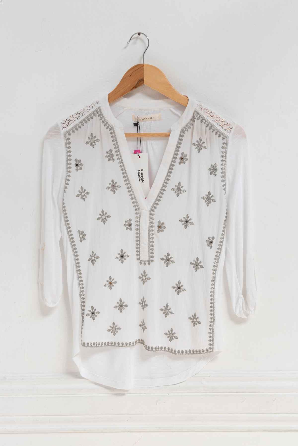 Blusa blanca con flores plateadas - Rapsodia - Talla S