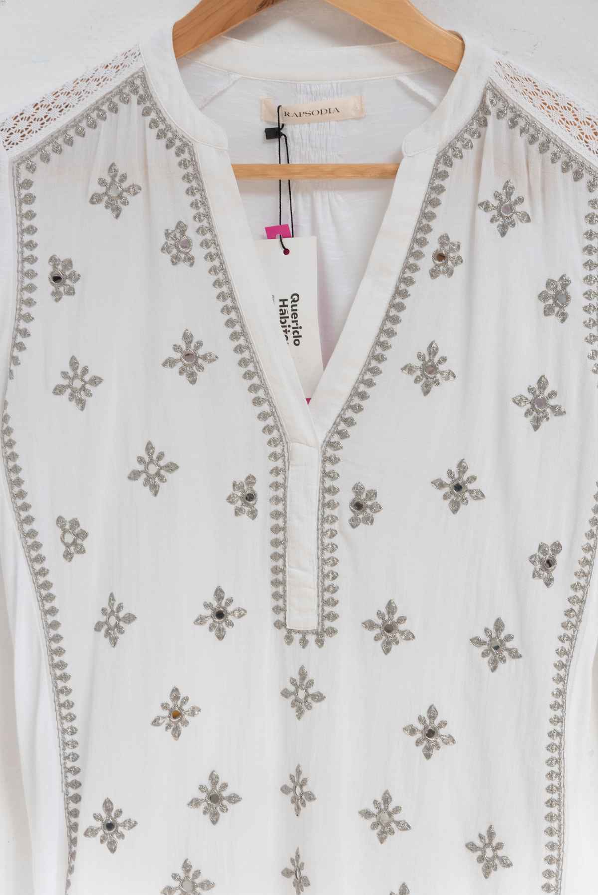 Blusa blanca con flores plateadas - Rapsodia - Talla S