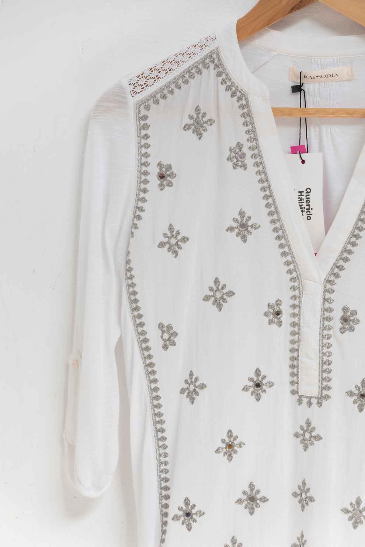 Blusa blanca con flores plateadas - Rapsodia - Talla S