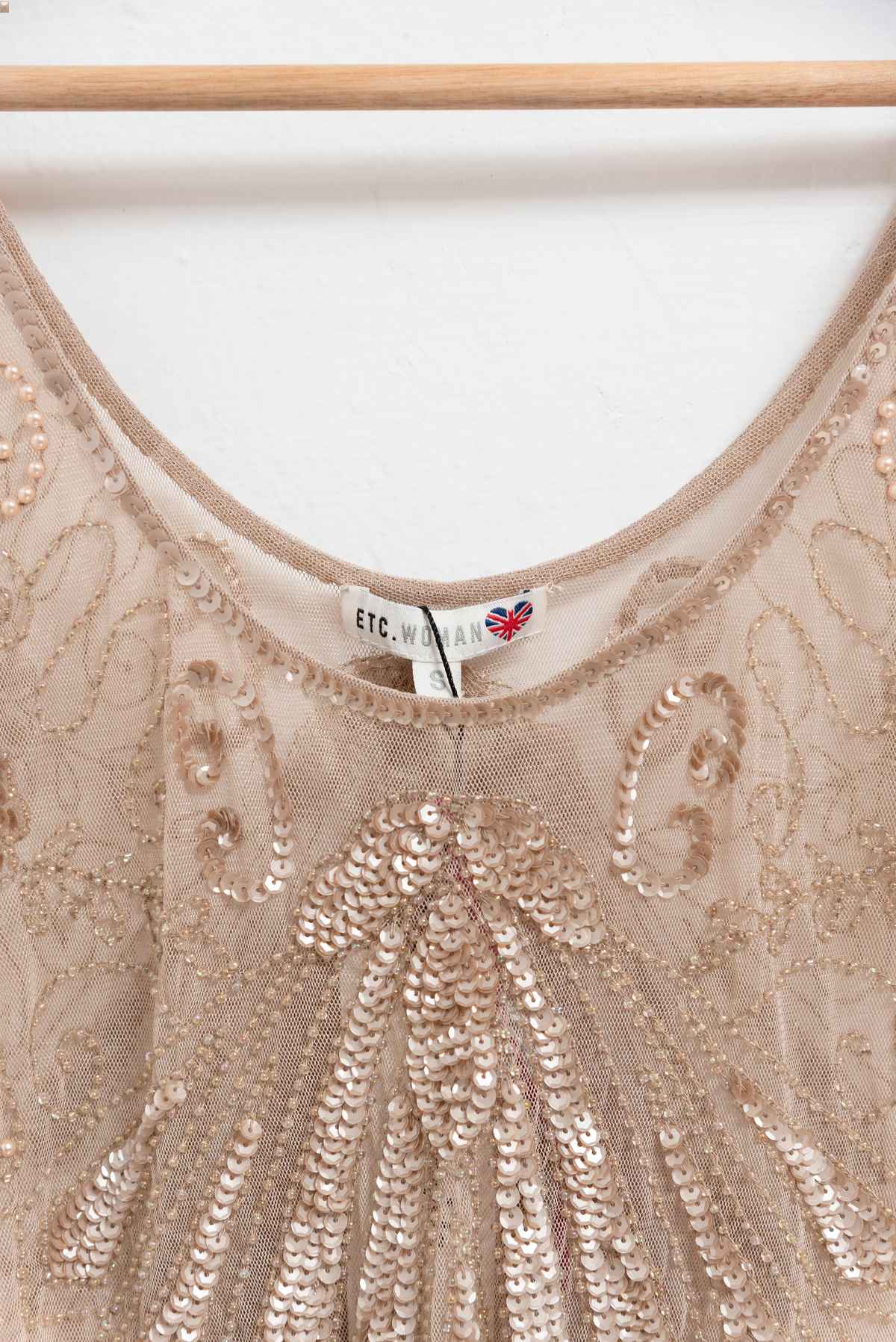 Vestido beige pedrería - ETC - Talla S