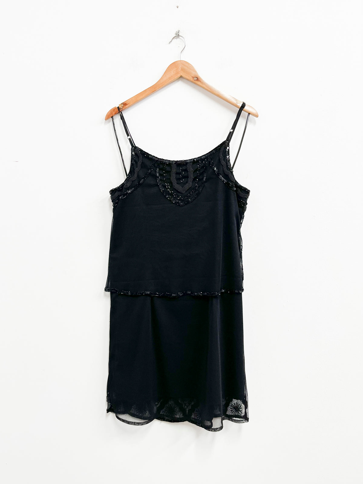 Vestido negro efecto superpuesto con pedrería - Vintage - Talla S