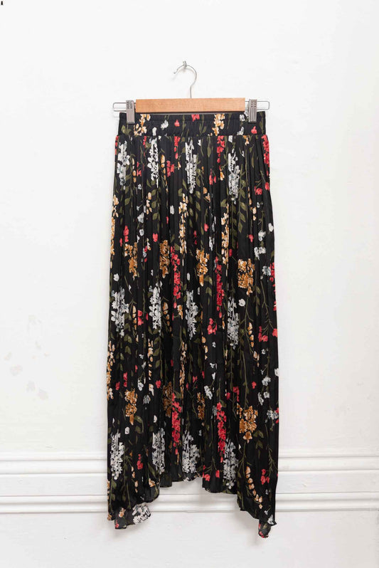 Falda pliegues negra y print flores - Talla M - Pretz