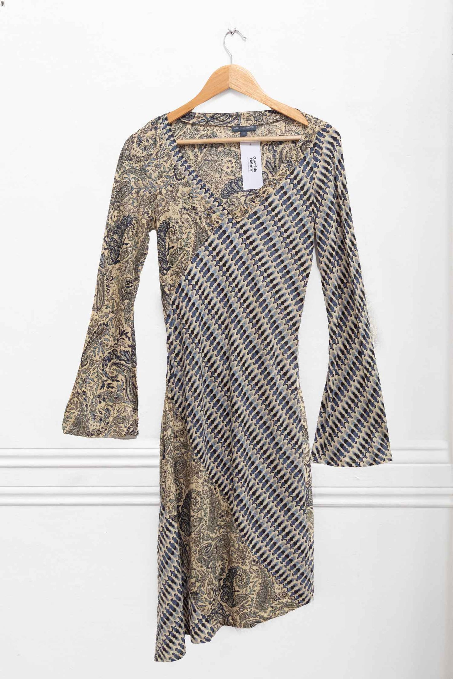 Vestido seda dorado con print - Talla S - Antik Batik