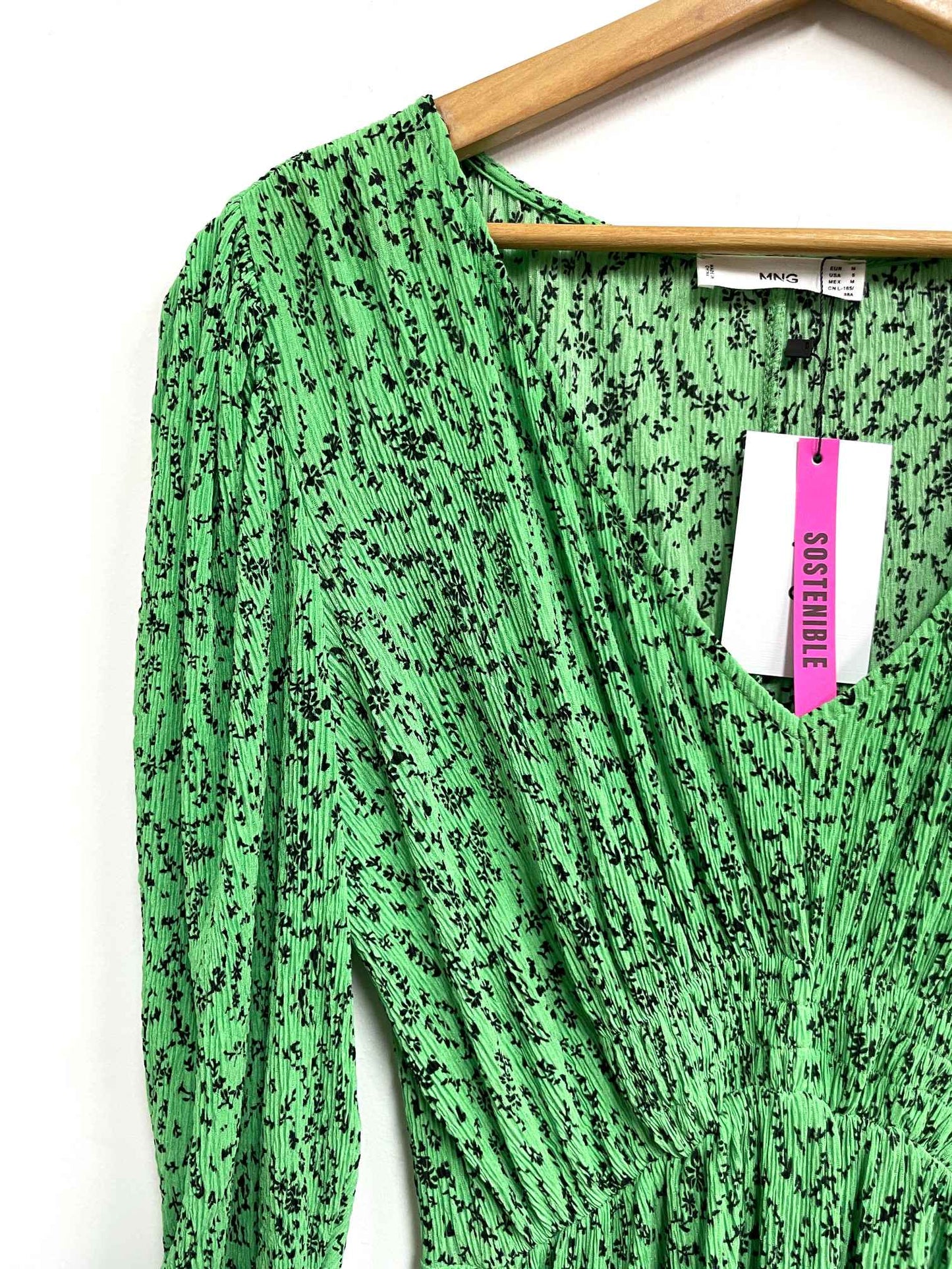 Vestido verde print negro - Mango - Talla M