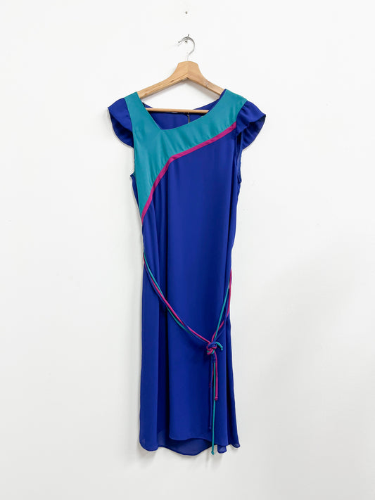 Vestido azul con detalle verde y fucsia - Talla M