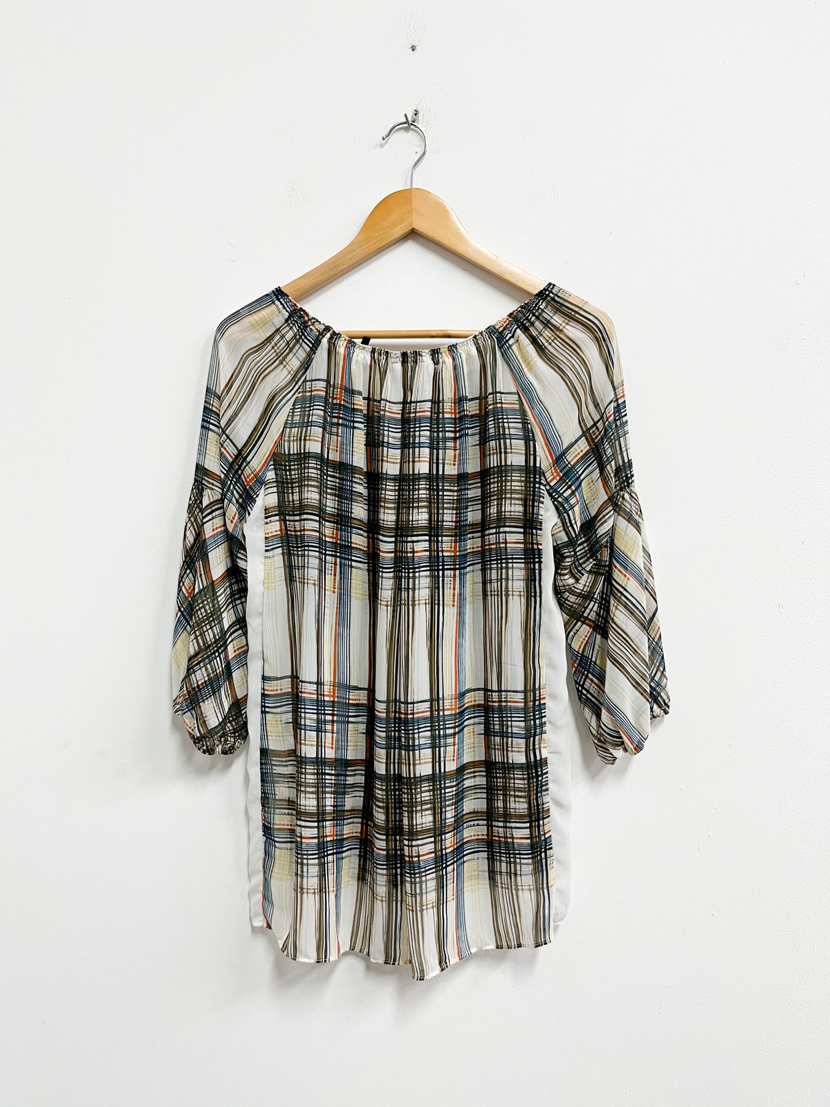 Blusa traslúcida a cuadros marrones y celestes - Talla L