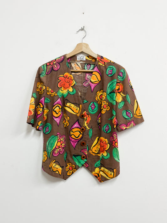 Blusa blend lino y algodon marron estampada - Carol - Talla L