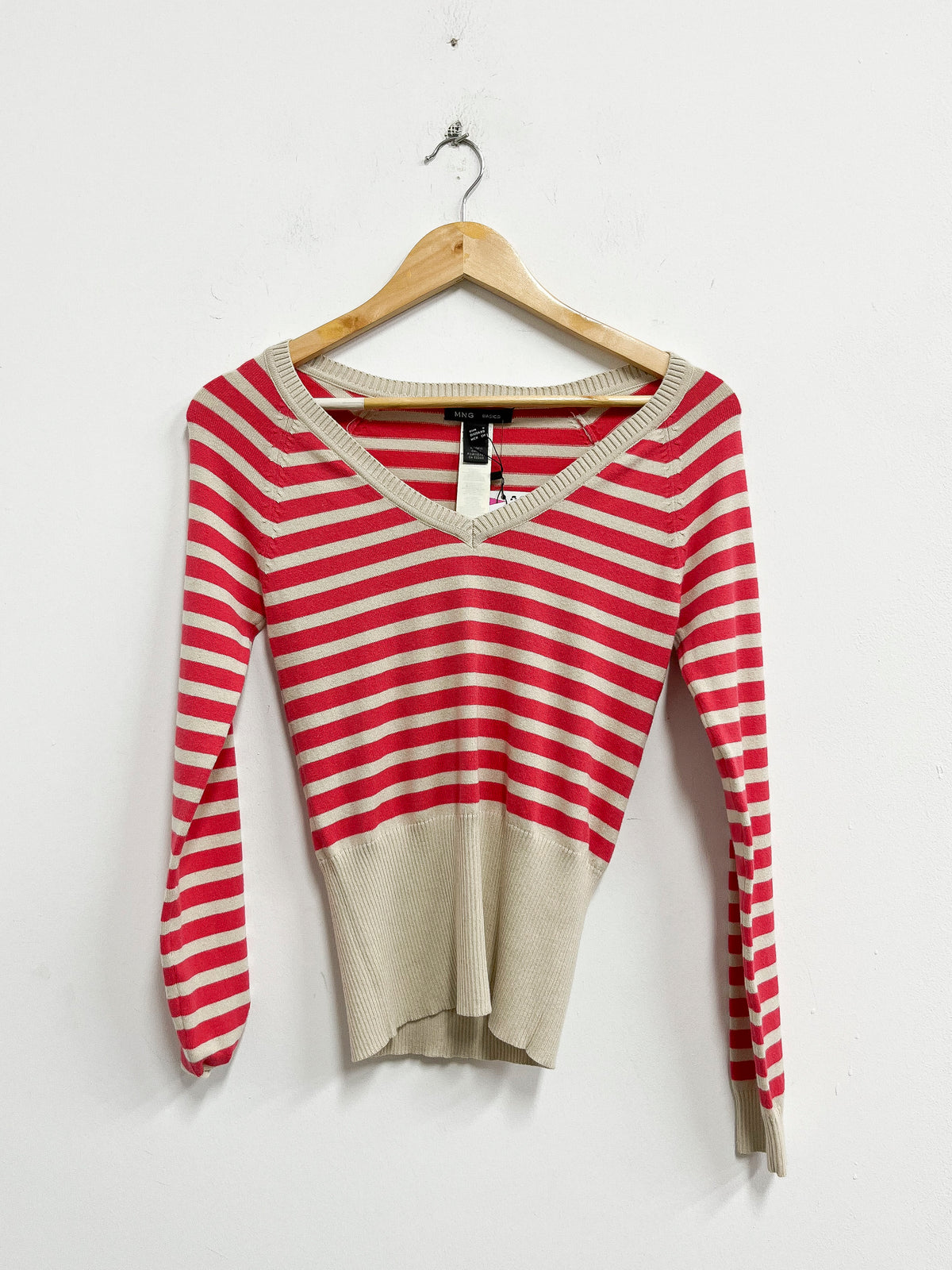 Chompa beige rayas rojas - Mango - Talla S