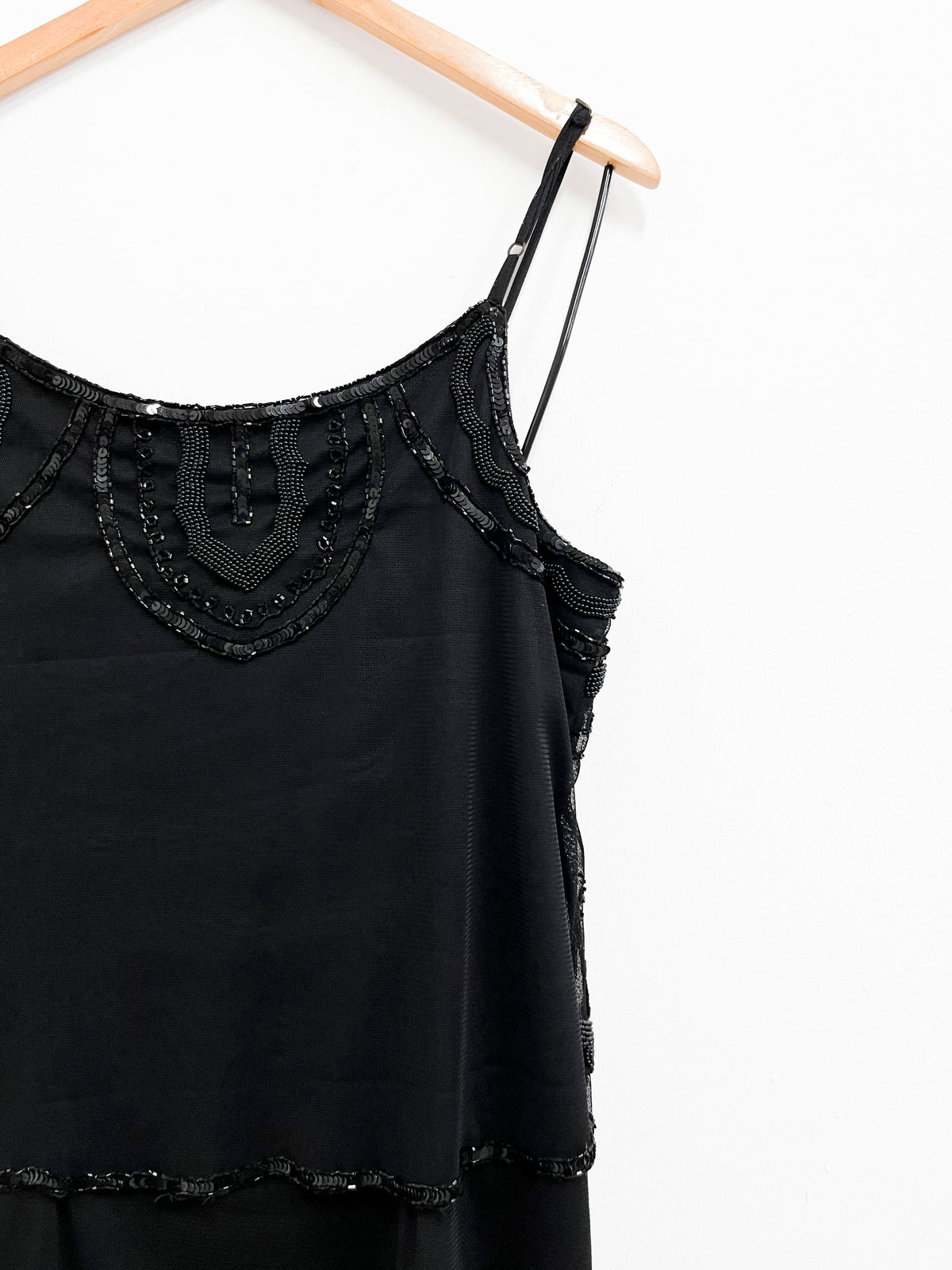 Vestido negro efecto superpuesto con pedrería - Vintage - Talla S