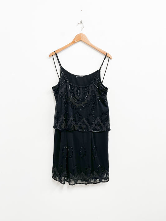 Vestido negro efecto superpuesto con pedrería - Vintage - Talla S