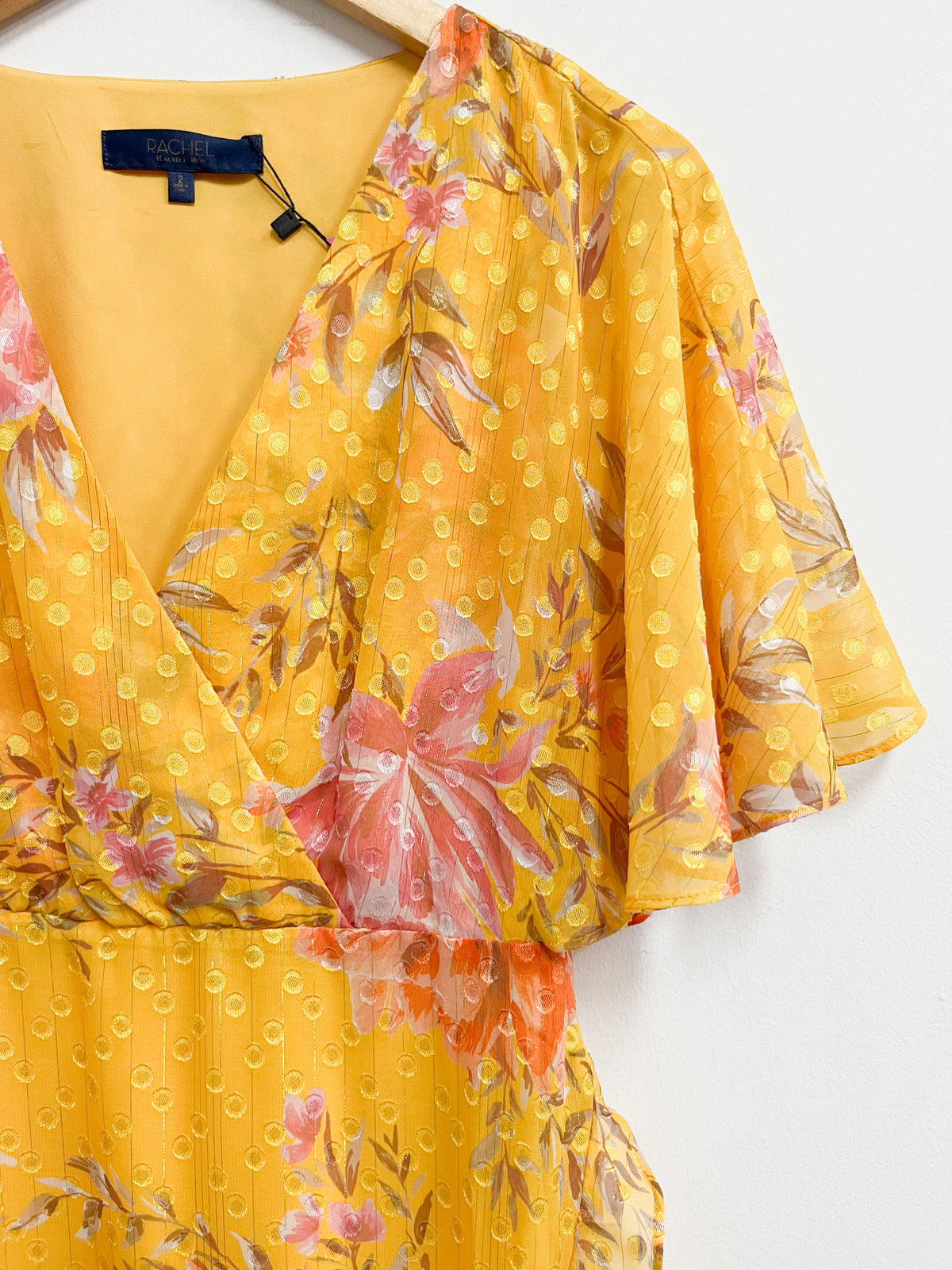 Vestido midi amarillo con puntos y flores - Rachel Roy - Talla S