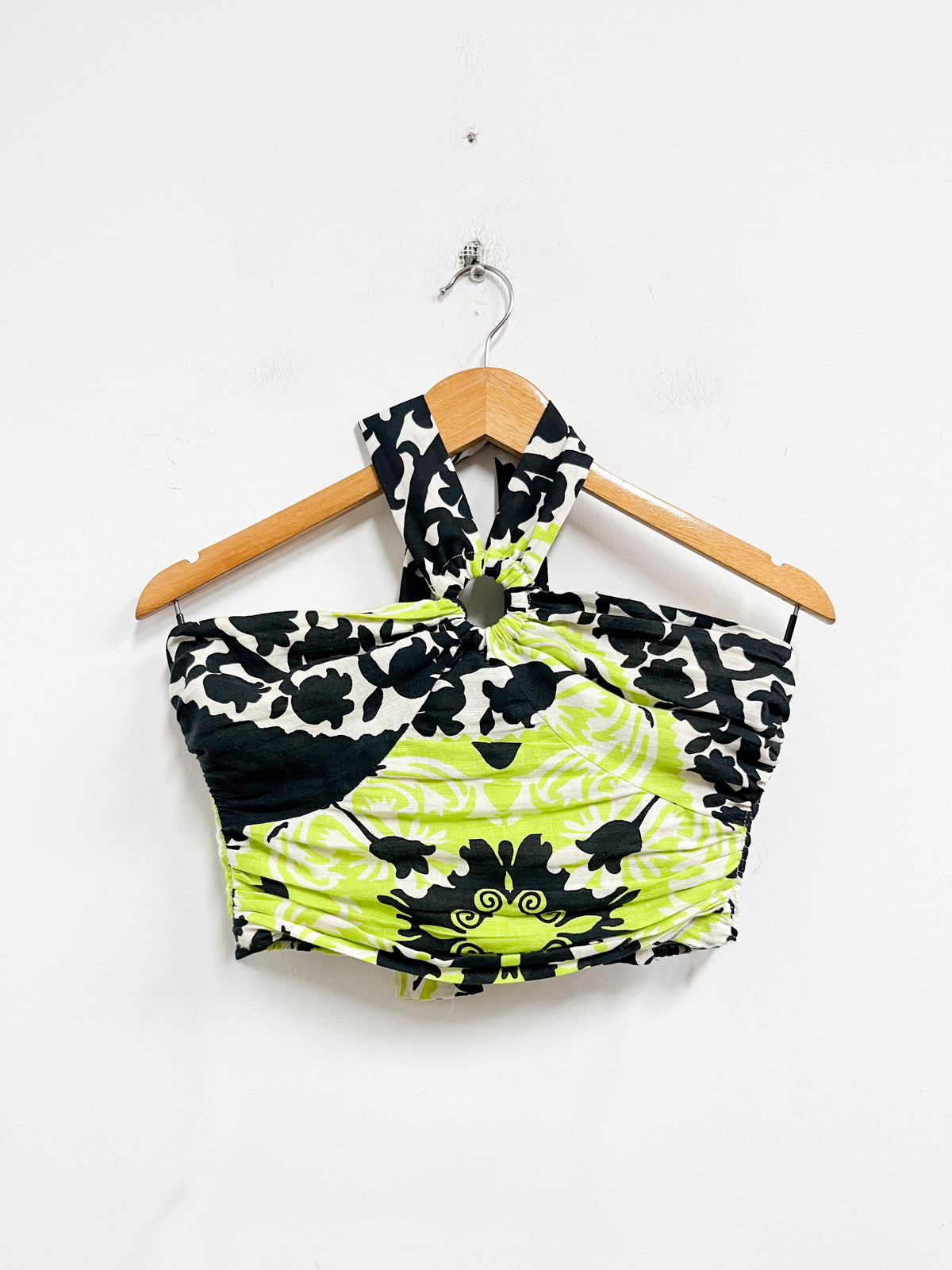 Top verde con negro lino con algodón - Zara - Talla XS