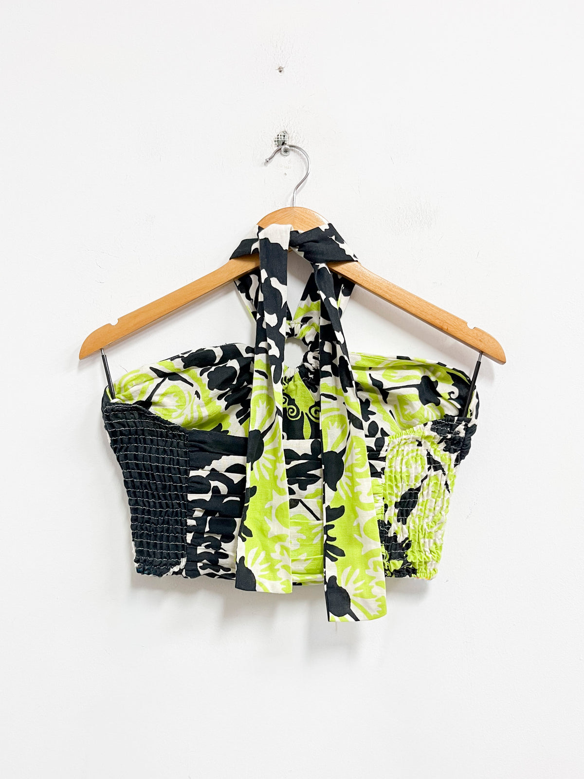 Top verde con negro lino con algodón - Zara - Talla XS