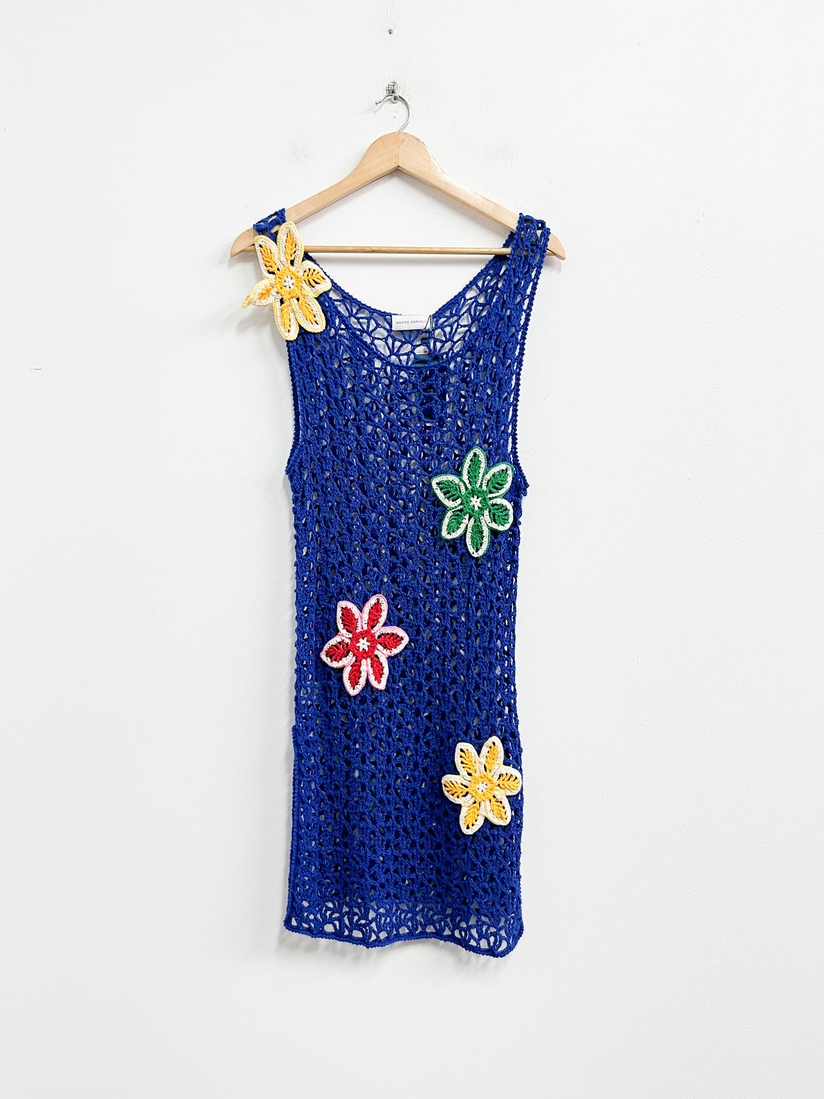 Vestido crochet azul algodón pima con flores - Marita Cornejo - Talla M