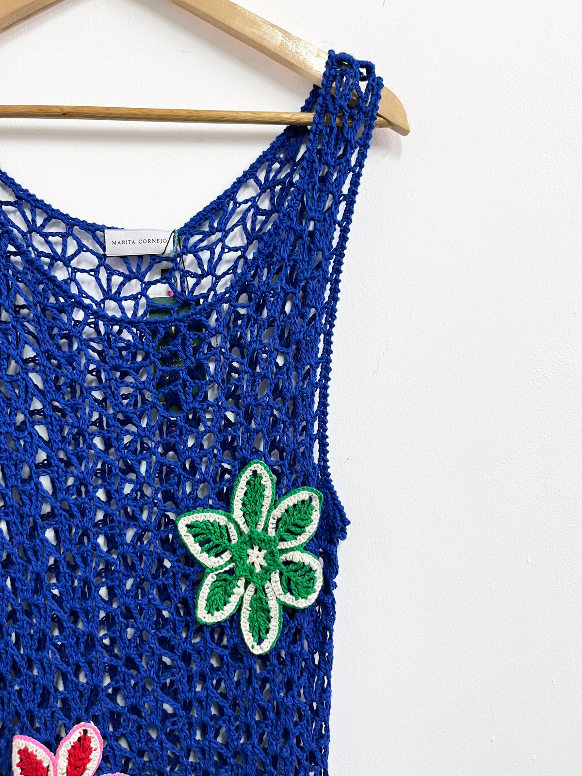 Vestido crochet azul algodón pima con flores - Marita Cornejo - Talla M