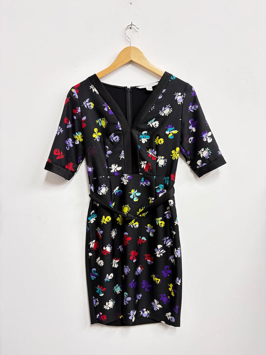 Vestido negro corto con flores - Diane Furstenberg - Talla S/M