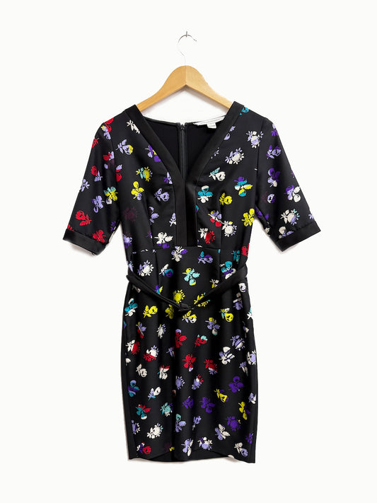 Vestido negro corto con flores - Diane Furstenberg - Talla S/M